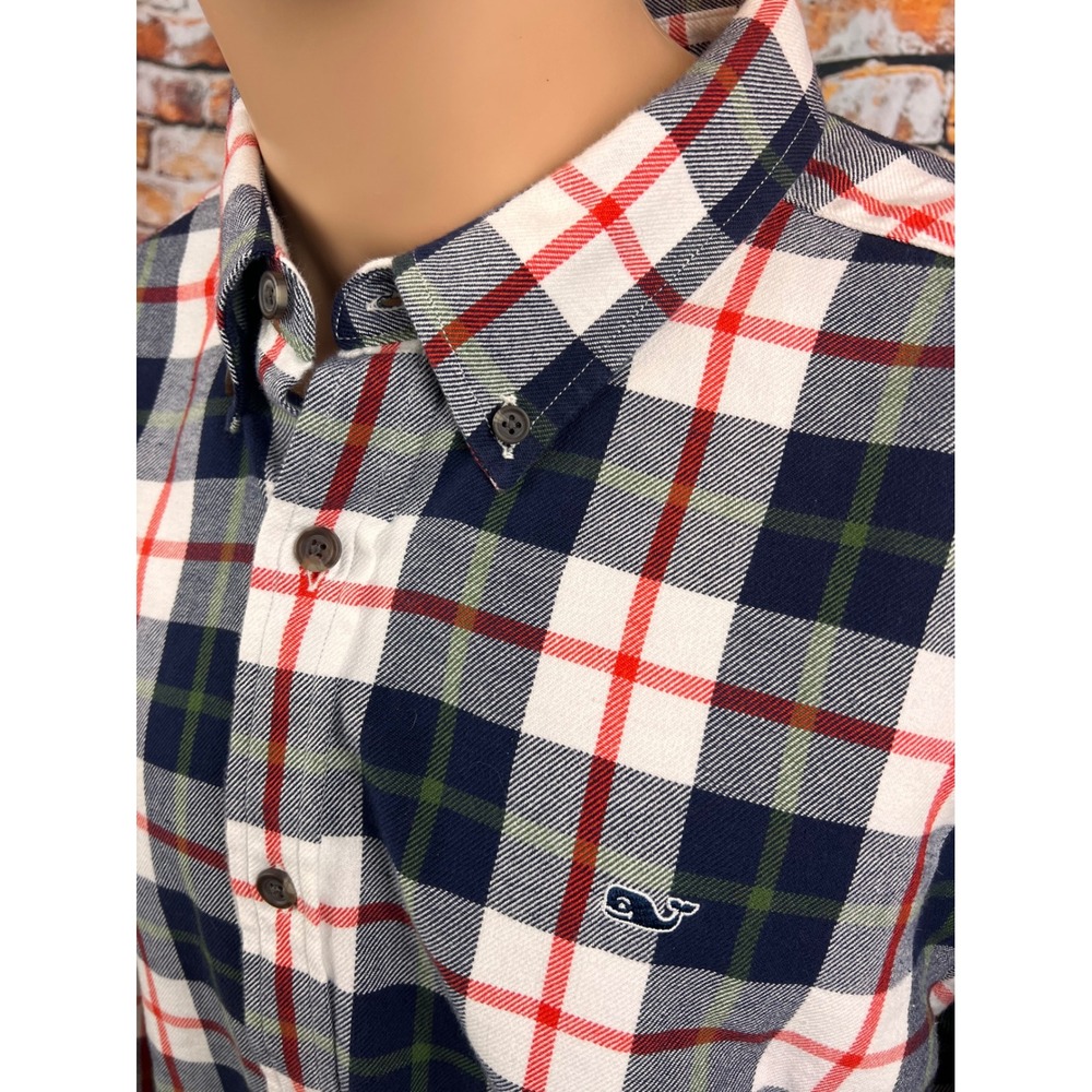 Vineyard Vines Mens XXL Classic Fit Whale Shirt Plaid Cotton Flannel Navy Red - Picture 2 of 5